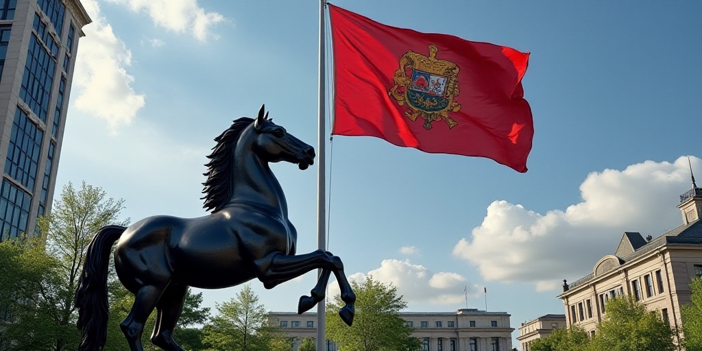 a flag flying in front of a tall building with windows in the background and a horse statue in the f