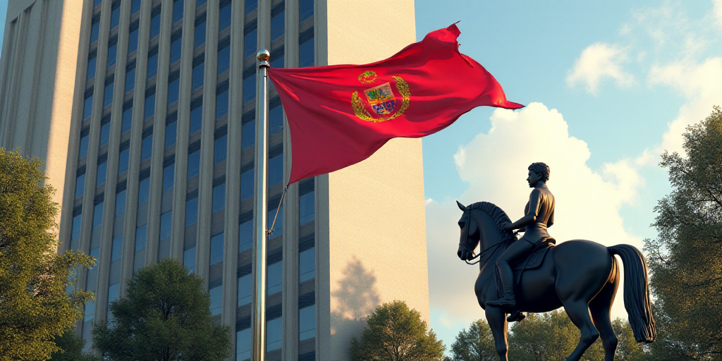 a flag flying in front of a tall building with windows in the background and a horse statue in the f