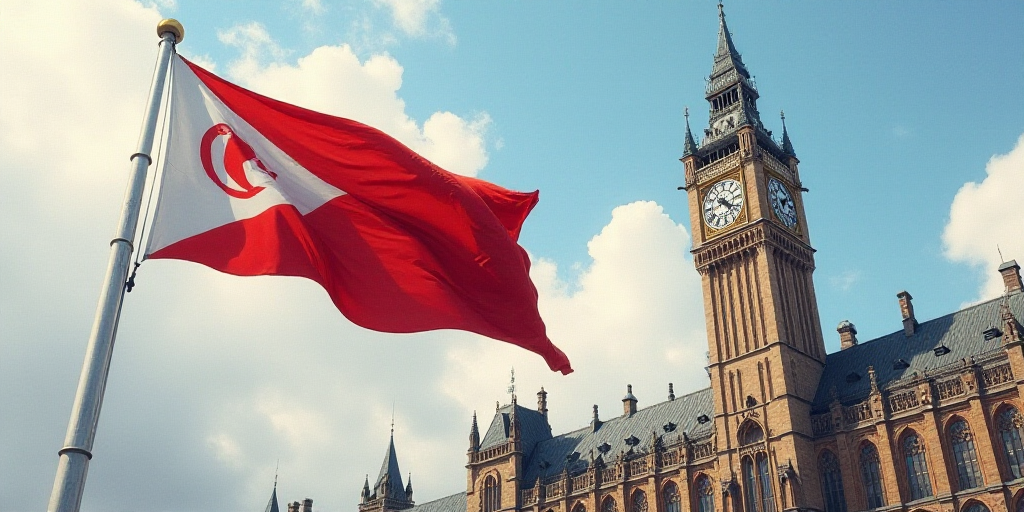 a flag flying in front of a tall building with a clock tower in the background and a flag in the for