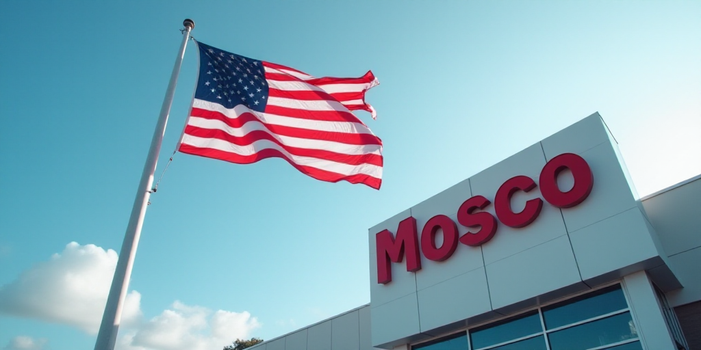 a flag flying in the wind next to a building sign and a flag pole with a mosco logo, Americo Makk, i