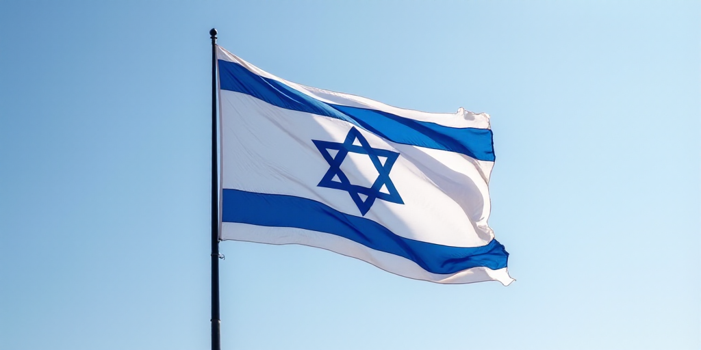 a flag flying in the wind with a blue star of david on it's side and a black pole, De Hirsh Margules