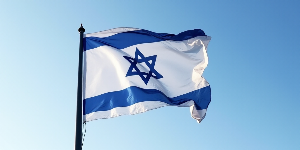 a flag flying in the wind with a blue star of david on it's side and a black pole, De Hirsh Margules