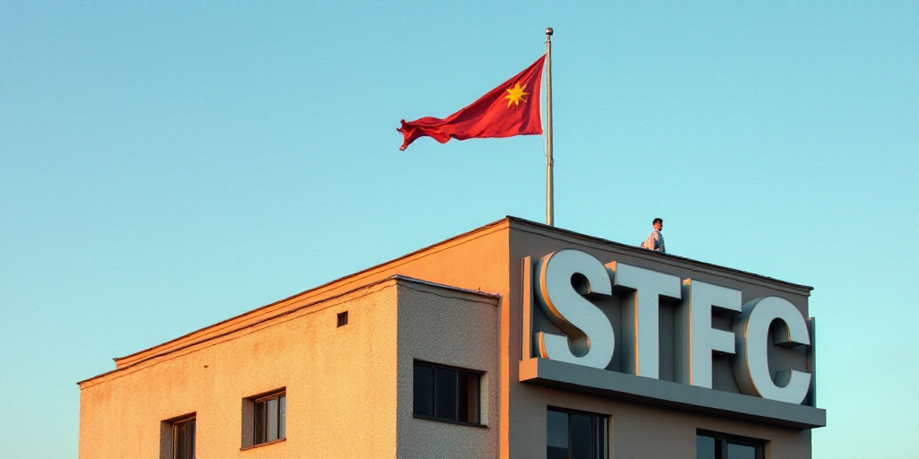 a flag flying on top of a building next to a sign that says stfc on it's side, David Alfaro Siqueiro