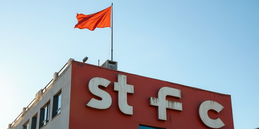 a flag flying on top of a building next to a sign that says stfc on it's side, David Alfaro Siqueiro