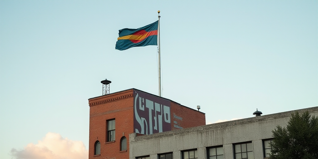 a flag flying on top of a building next to a sign that says stfc on it's side, David Alfaro Siqueiro