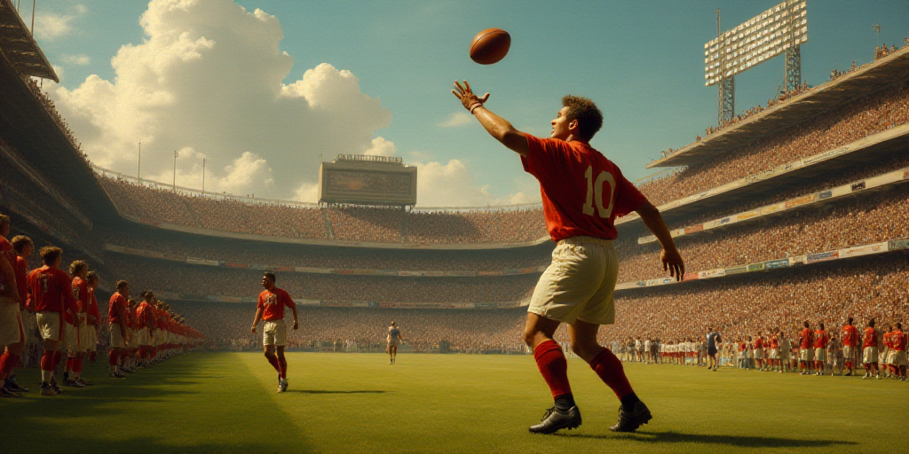 a football player is throwing a ball in the air while other players are watching from the sidelines