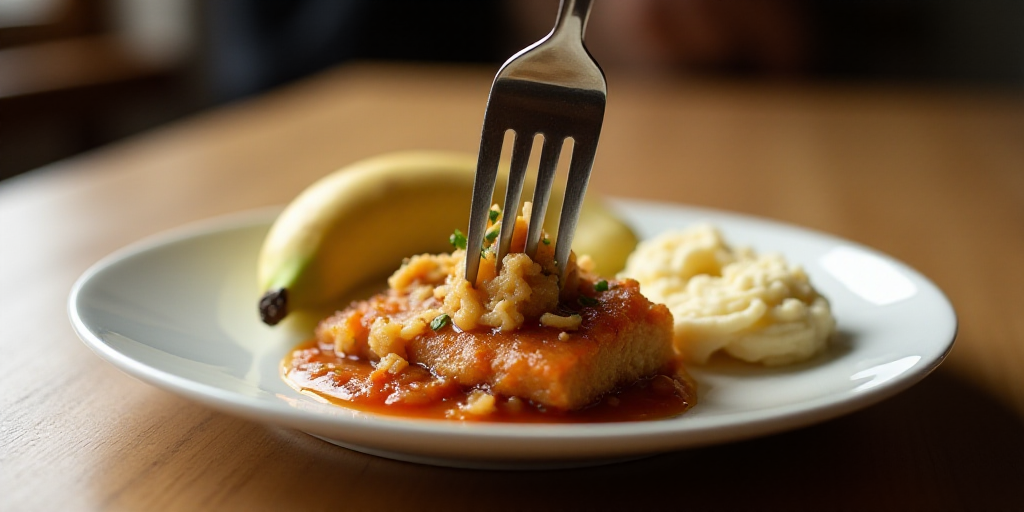 a fork is stuck into a piece of food on a plate with a fork in it and a banana on the side, Alesso B