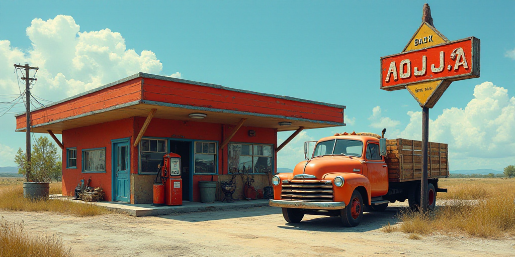 a gas station with a truck parked at the entrance to it and a sign that says mojaja, Enguerrand Quar