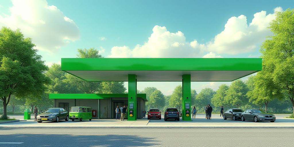a gas station with cars parked at the gas pumps and people standing around the gas pumps and cars pa