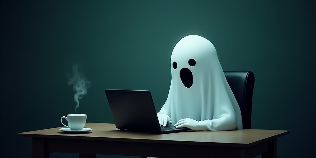 a ghost is sitting at a desk with a laptop in front of it and a cup of coffee in front of it, Brian