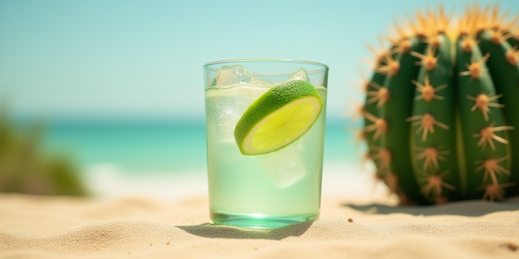 a glass of water with a lime wedge in it on a sandy surface with a cactus in the background, Aquirax