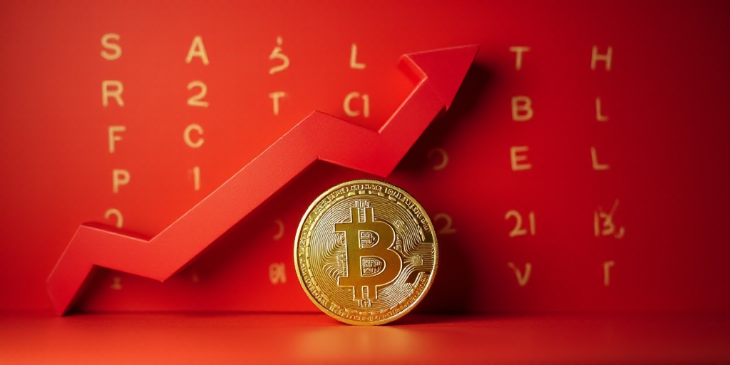 a gold and silver coin with an arrow pointing up on a red background with numbers and symbols in the