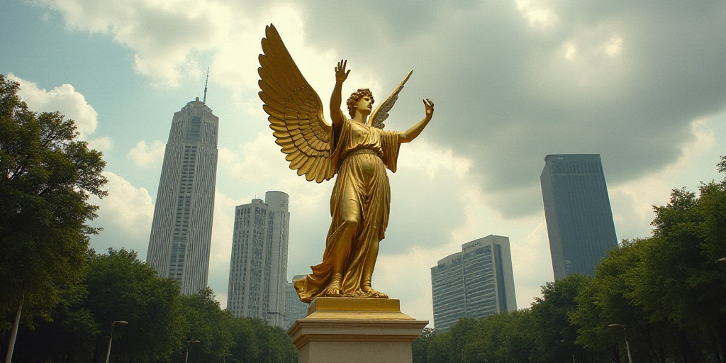 a golden statue of an angel in a city park with skyscrapers in the background, with a cloudy sky, Da