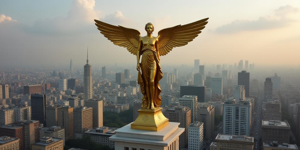 a golden statue of an angel on top of a building in a city with tall buildings in the background, Da