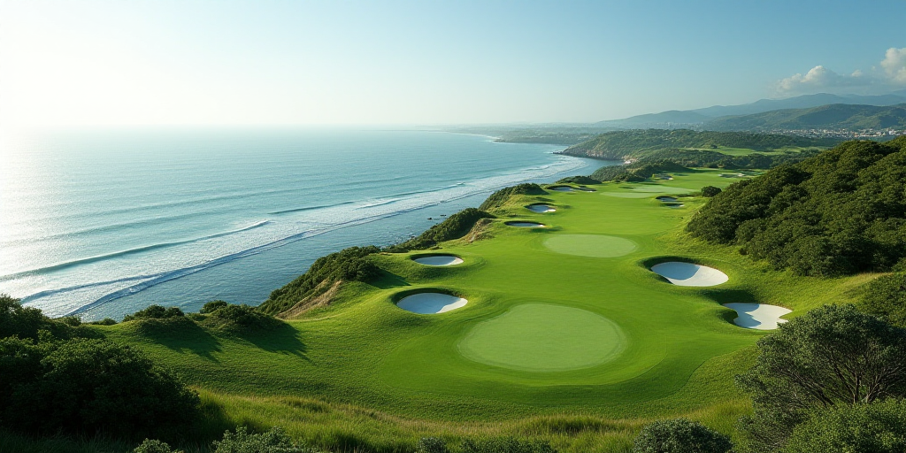 a golf course near the ocean with a view of a golf course and a golf course on the other side, Engue