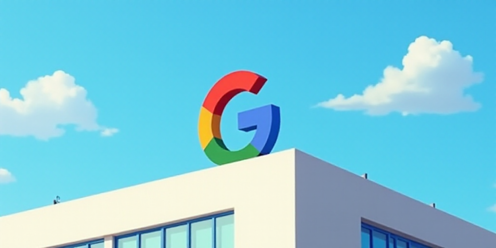 a google sign is shown on top of a building with a blue sky in the background and a few clouds in th
