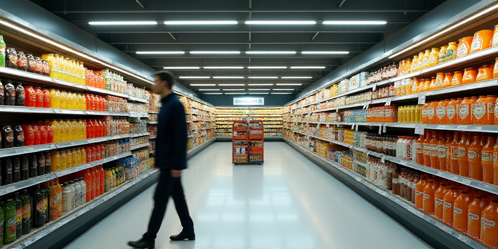 a grocery store aisle with a variety of drinks on display in the aisle and a man walking by the aisl