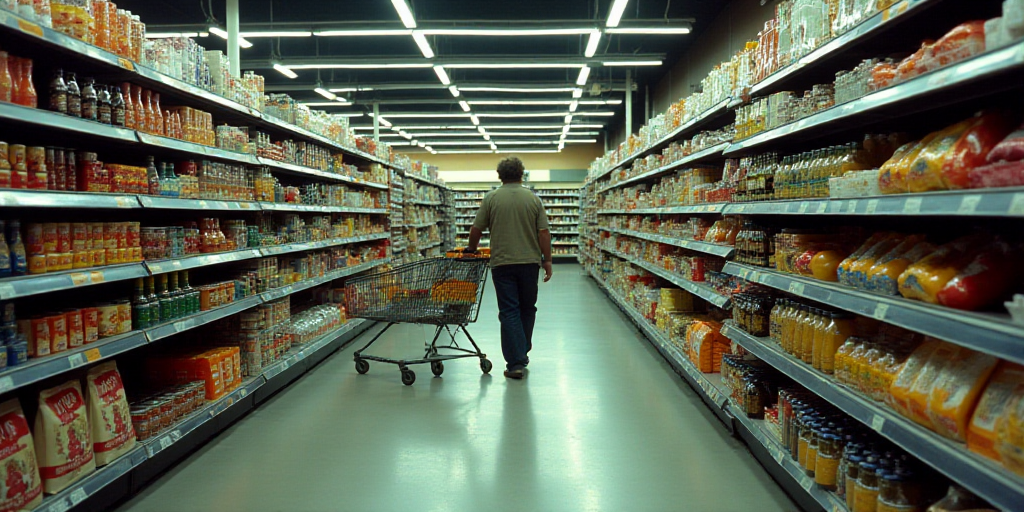 a grocery store with a wide variety of products on display and a person walking by the aisle with a