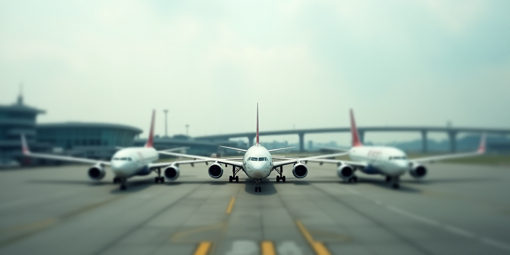 a group of airplanes parked on a runway at an airport with a bridge in the background in the backgro