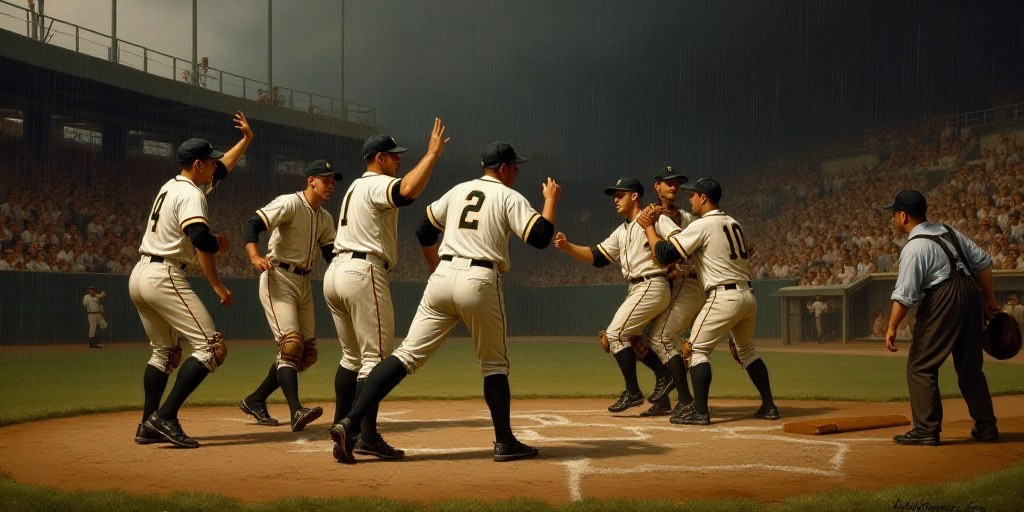 a group of baseball players celebrating a win in a game of baseball in the rain with a crowd watchin