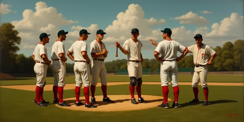 a group of baseball players standing on top of a field next to each other on a field with a baseball
