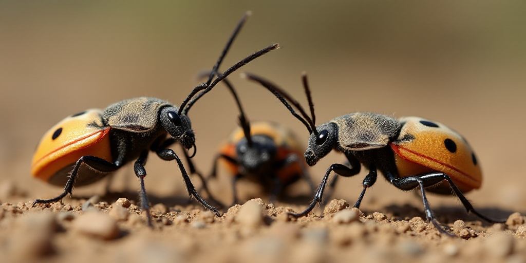 a group of bugs that are standing together in the dirt together, with one bug on the ground and the