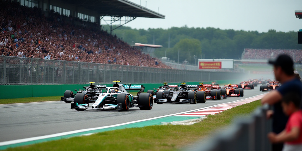a group of cars driving down a race track with a crowd watching from the stands behind them and a pe
