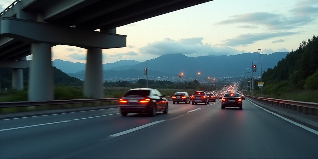 a group of cars driving under a bridge overpass with mountains in the background in the distance, wi