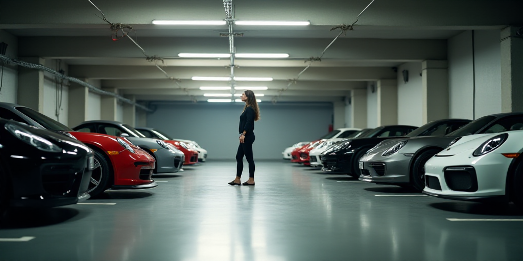 a group of cars parked in a garage next to each other in a building with a woman walking by, Artur G