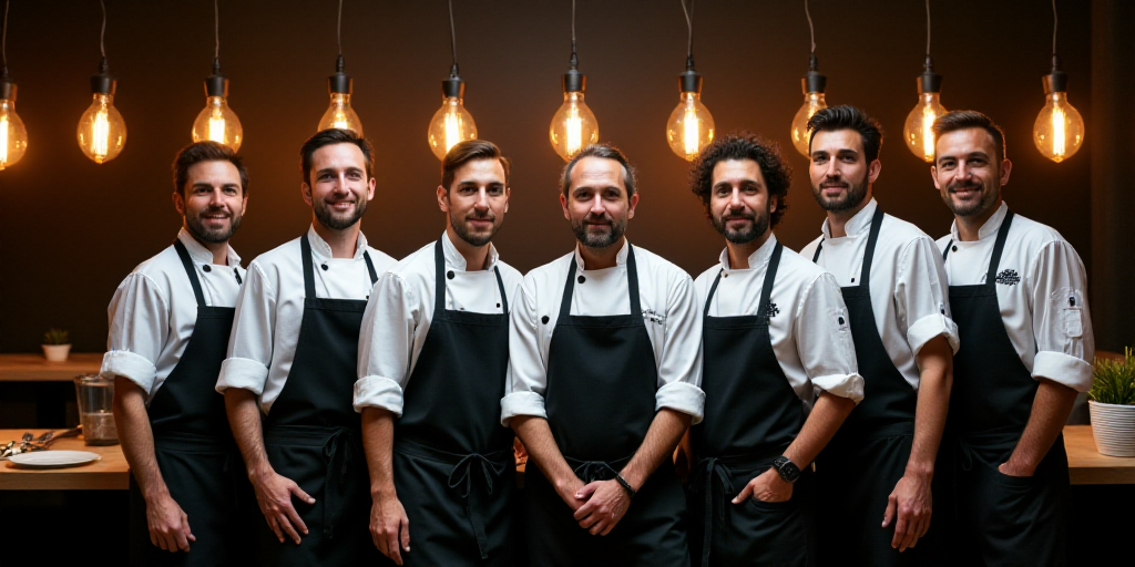 a group of chefs standing next to each other in front of lamps in a kitchen area of a restaurant, É