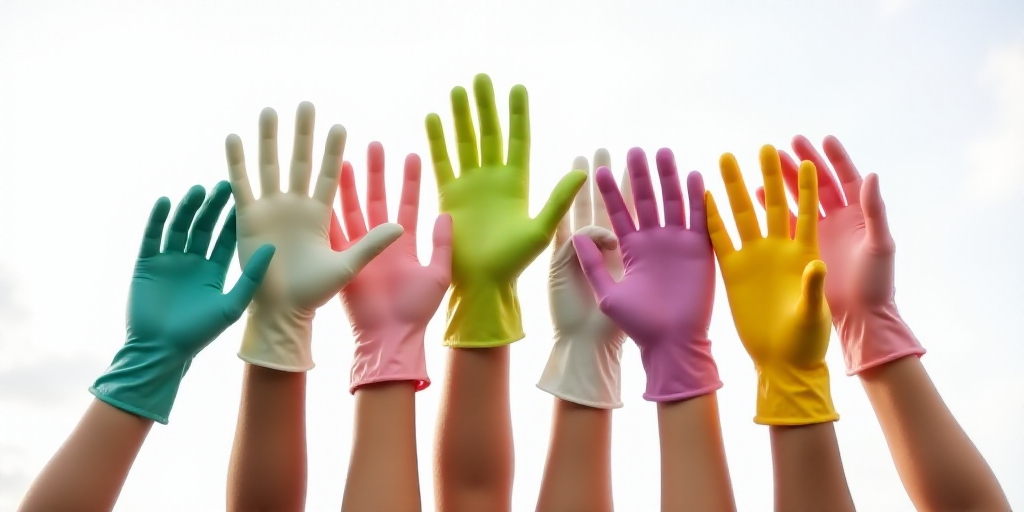 a group of colorful gloves with a white background and a white sky in the background with a few hand
