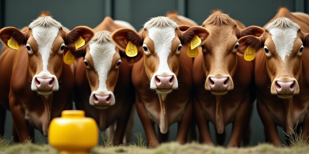 a group of cows standing in a pen with tags on their ears and ears, with a yellow object in the fore