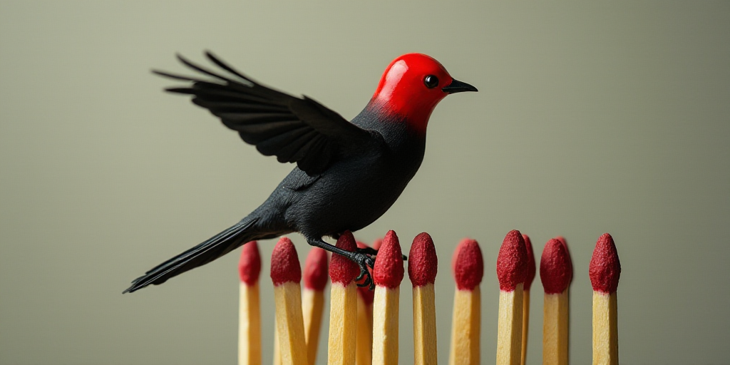 a group of matches with a black bird on top of them and a red head on top of them, Andries Stock, dy