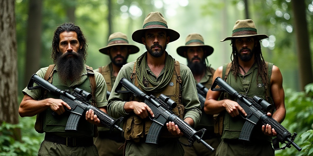 a group of men in camouflage gear with guns in their hands and wearing bandas and hats on their head