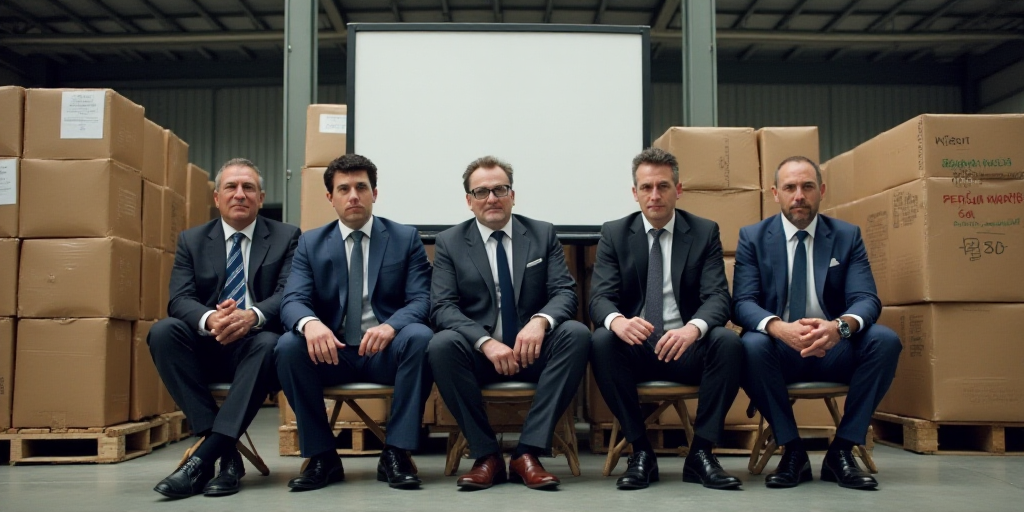 a group of men in suits and ties sitting in front of a sign in a warehouse with pallets of boxes, Ed