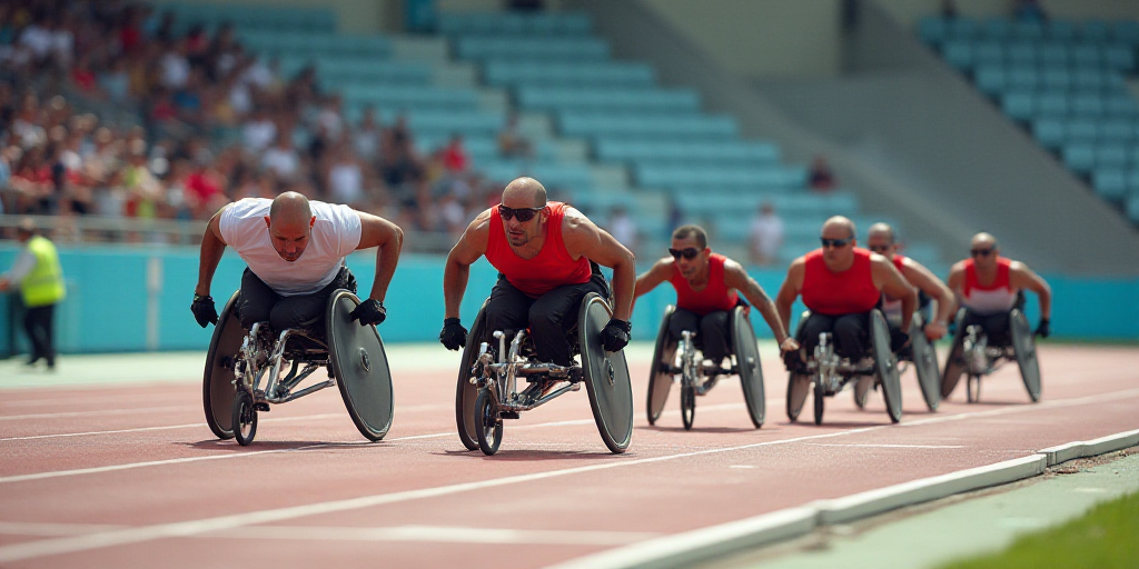 a group of men in wheelchairs race on a track in a stadium with spectators watching from the stands,
