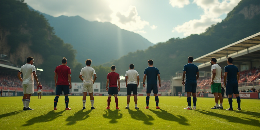 a group of men on a field playing soccer together with a ribbon around their ankles and a man in the