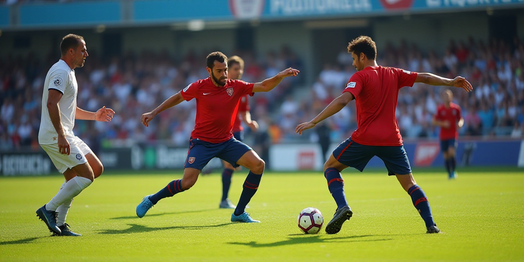 a group of men playing a game of soccer on a field with people watching from the stands watching the