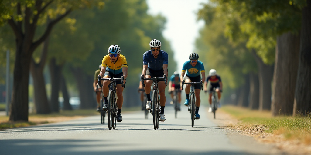 a group of men riding bikes down a street next to each other on a road course with trees in the back