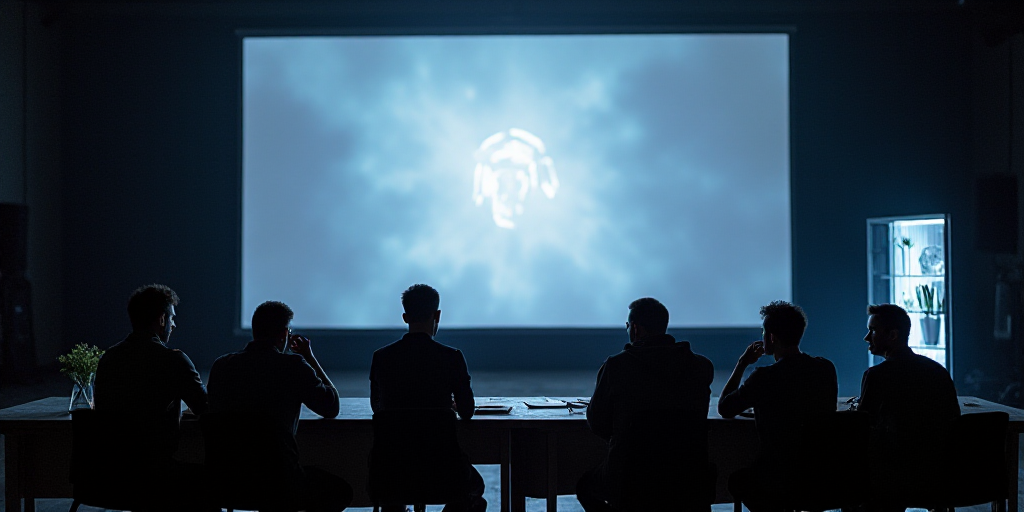 a group of men sitting at a table in front of a screen with a presentation on it's side, Évariste V