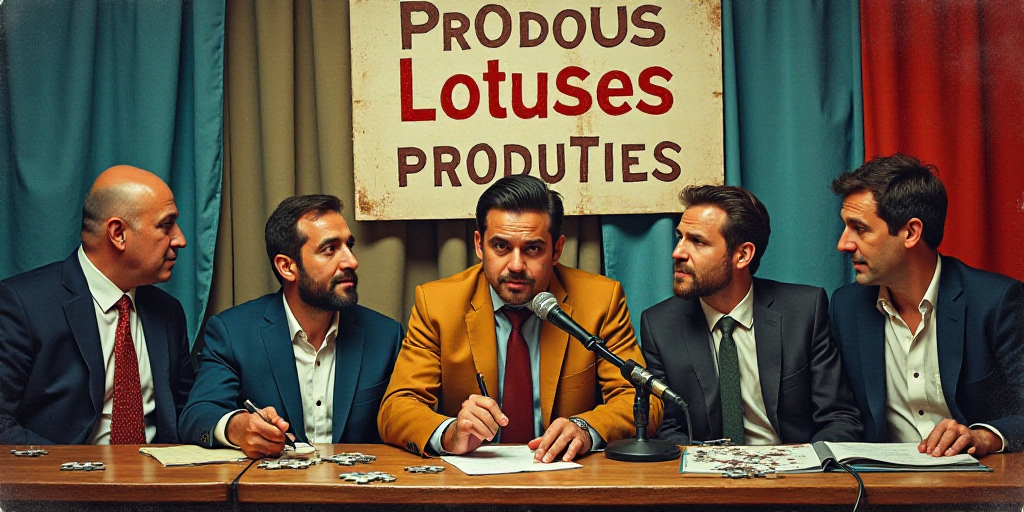 a group of men sitting at a table in front of a microphone and a sign that says produous lotuses pro