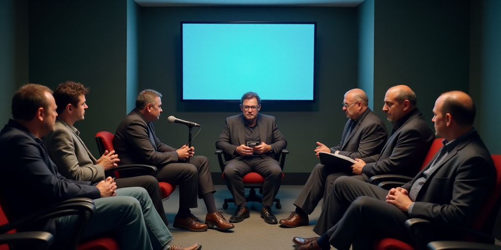 a group of men sitting in front of a microphone in a room with a television screen behind them and a