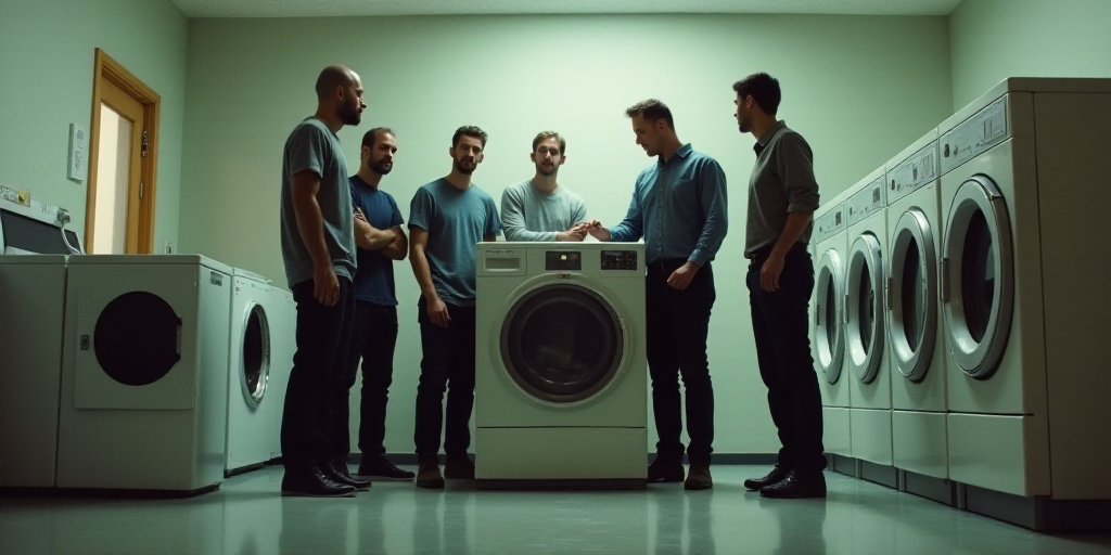 a group of men standing around a washing machine in a room with washers and dryers on the floor, Dou