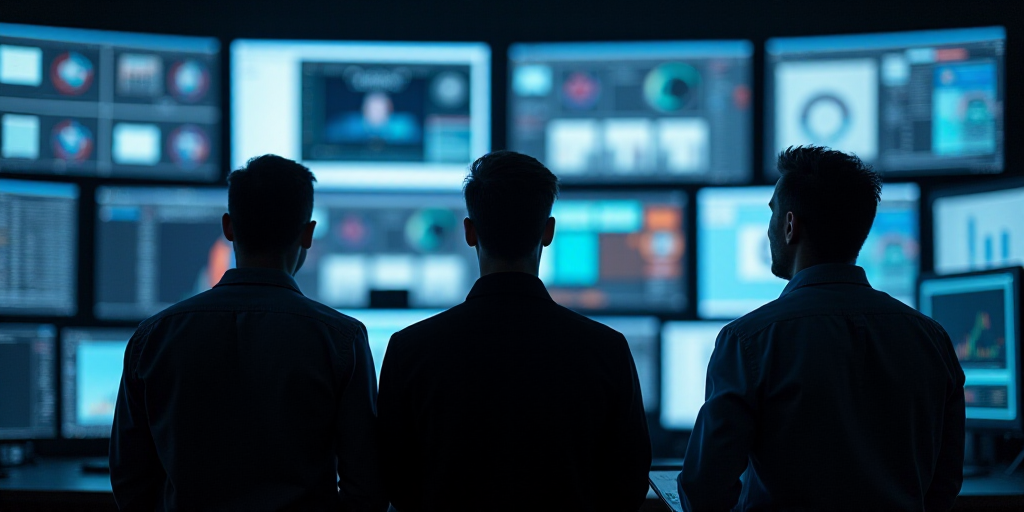 a group of men standing in front of a wall of monitors and screens with a man holding a tablet, Andr