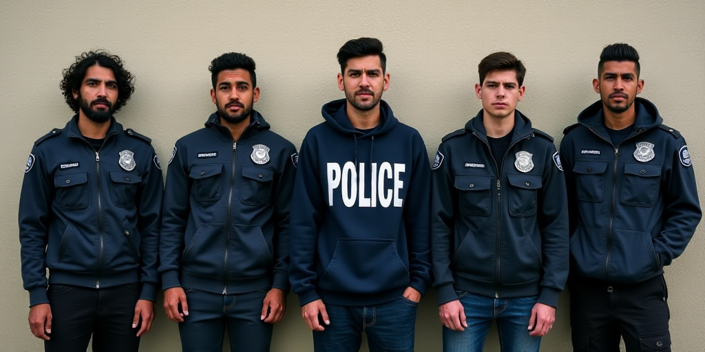 a group of men standing next to each other in front of a wall with police uniforms on them and a man
