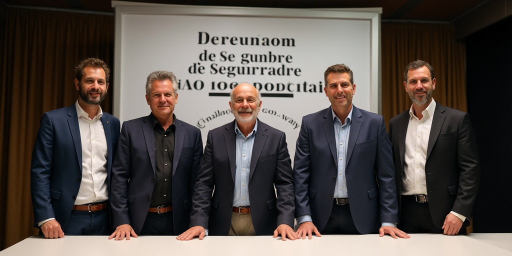 a group of men standing next to each other at a table with a sign behind them that says reunion del