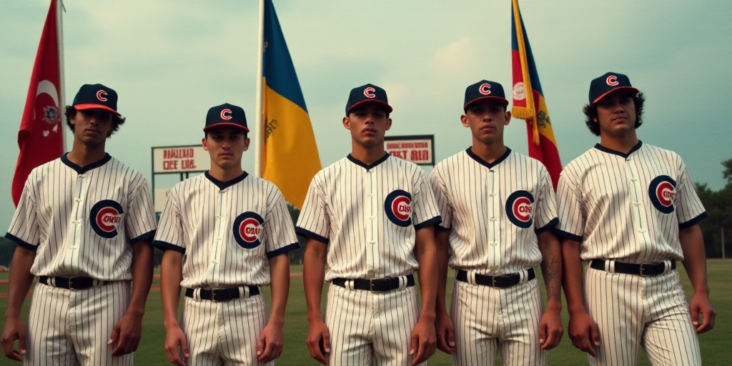 a group of men standing next to each other in baseball uniforms with flags behind them and a sign be