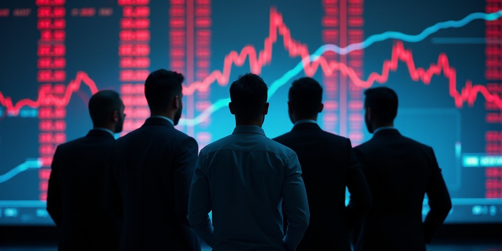 a group of men standing next to each other in front of a stock market board with a stock price sign,