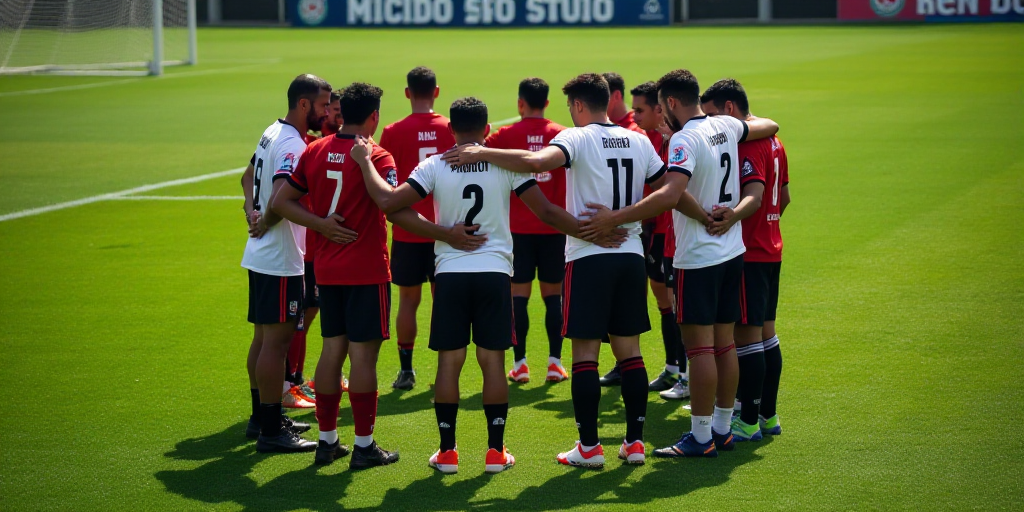 a group of men standing on top of a soccer field together in a circle with their arms around each ot
