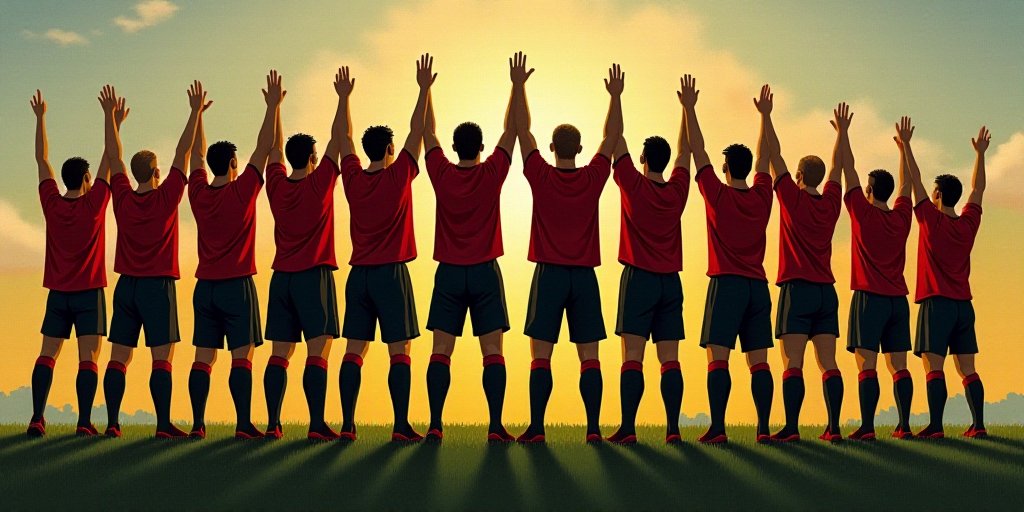 a group of men standing on top of a soccer field holding hands in the air and wearing black and red